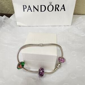 Pandora 925 Sterling Silver Bracelet w/Barrel Snap Clasp Size 7” With 3 Charms